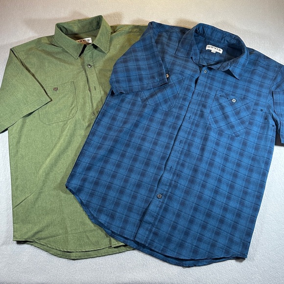 Orvis Shirt Men’s Medium Green & Blue Short Sleeve Button Up Outdoor Lot Of 2 - Picture 1 of 16